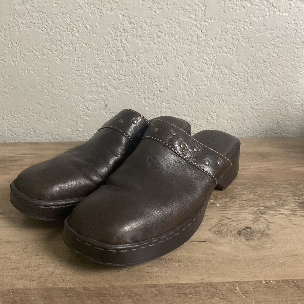 Born  Mule Clogs Womens Size 7 38 Brown Leather Heeled  Studded Casual